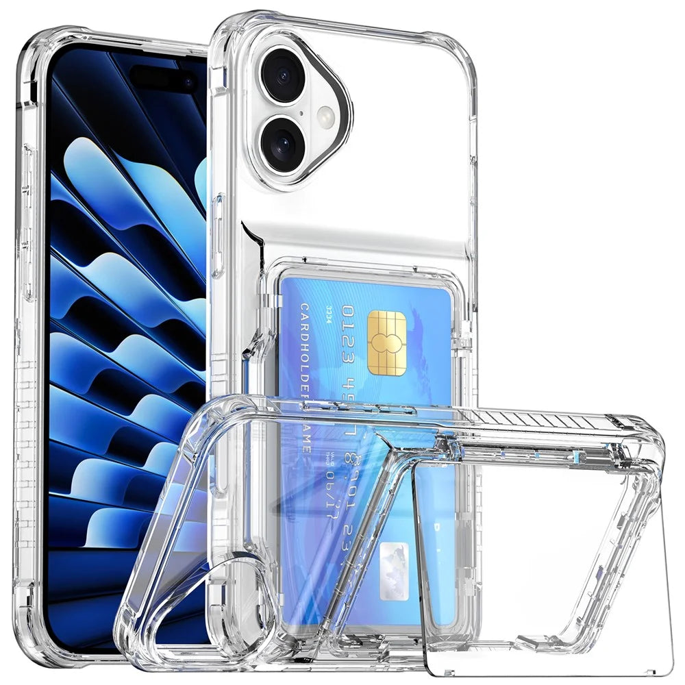 For iPhone 16 Plus Case PC+TPU Clear Phone Cover Card Holder Kickstand - Transparent - 1