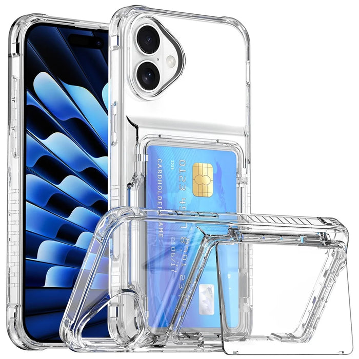 For iPhone 16 Plus Case PC+TPU Clear Phone Cover Card Holder Kickstand - Transparent - 1