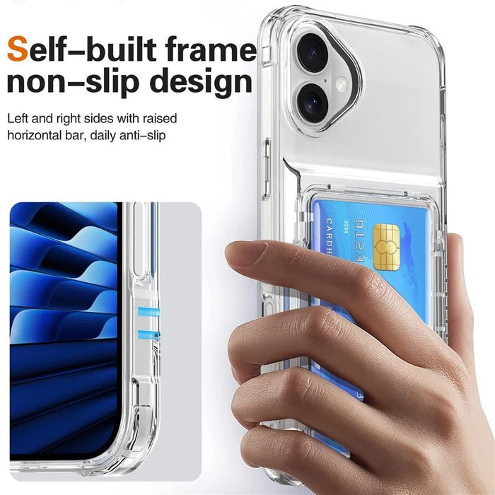 For iPhone 16 Plus Case PC+TPU Clear Phone Cover Card Holder Kickstand - Transparent - 5