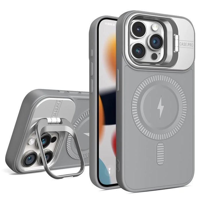 For iPhone 13 Pro Max Magnetic Case PC+TPU Phone Cover with Lens Frame Kickstand - Titanium Grey - 1