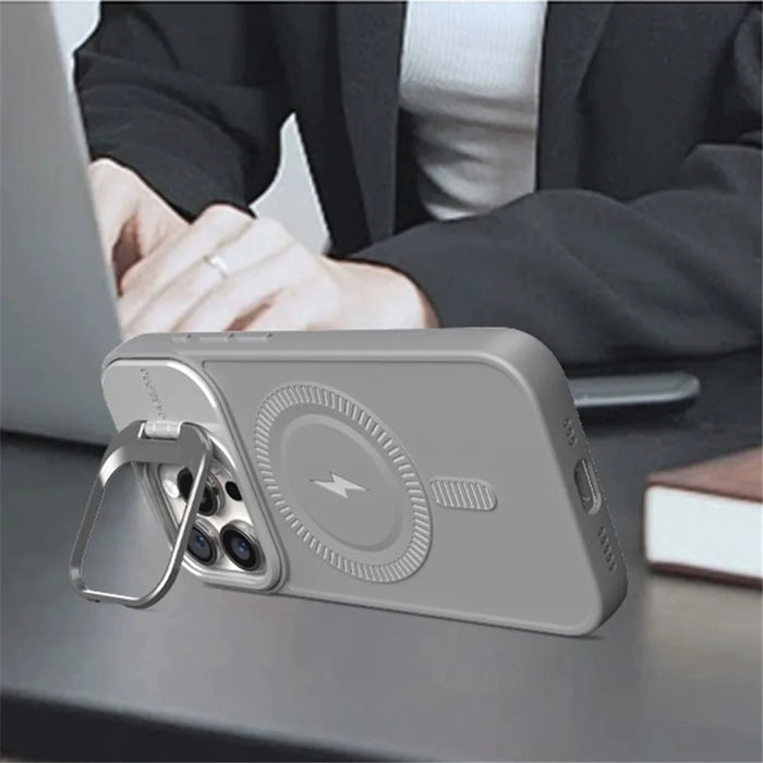 For iPhone 13 Pro Max Magnetic Case PC+TPU Phone Cover with Lens Frame Kickstand - Titanium Grey - 2