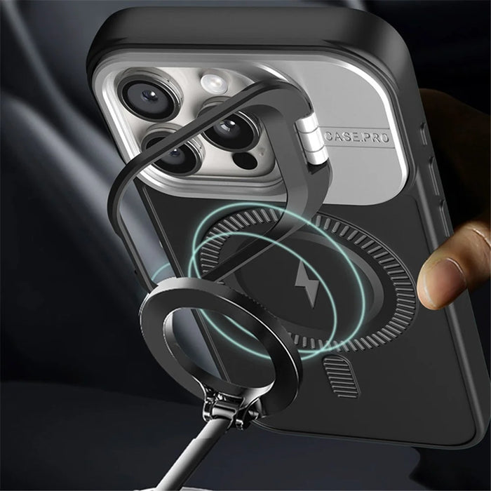 For iPhone 13 Pro Max Magnetic Case PC+TPU Phone Cover with Lens Frame Kickstand - Titanium Grey - 5