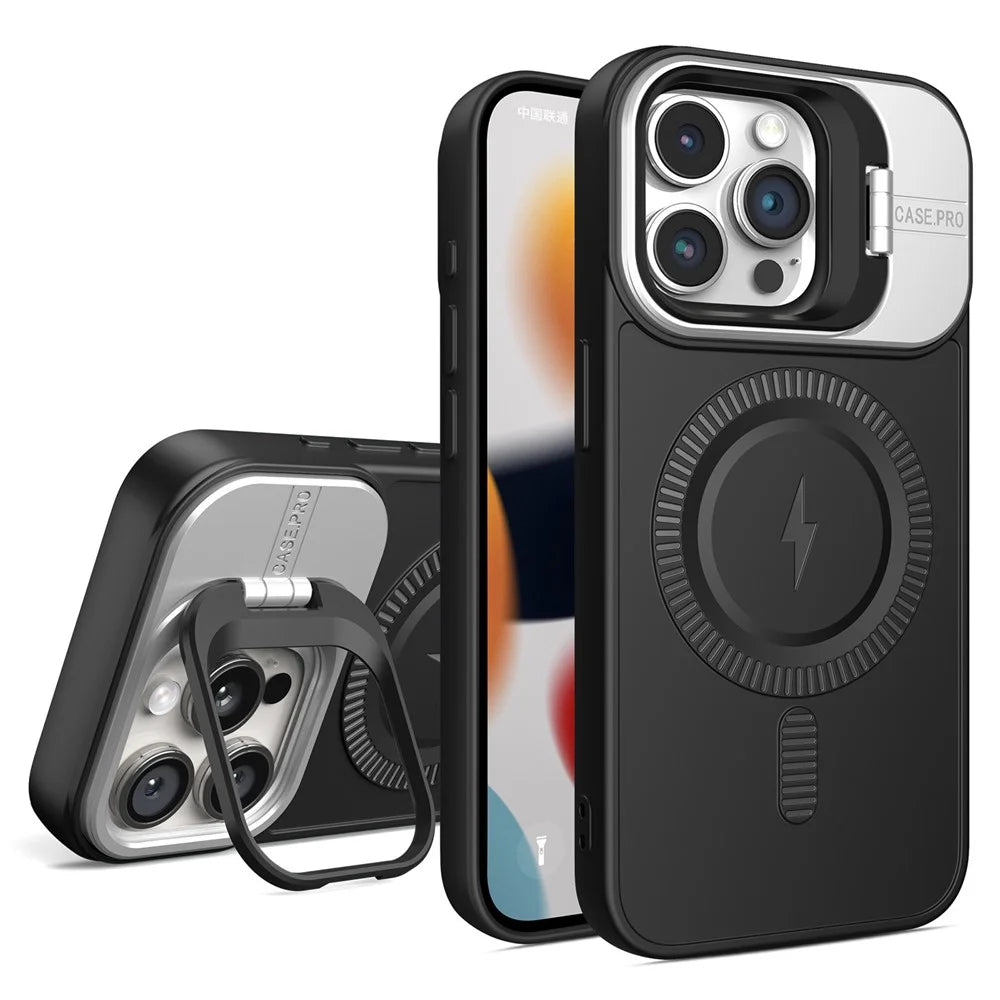 For iPhone 15 Pro Max Magnetic Case Lens Frame Kickstand PC+TPU Phone Cover - Black - 1