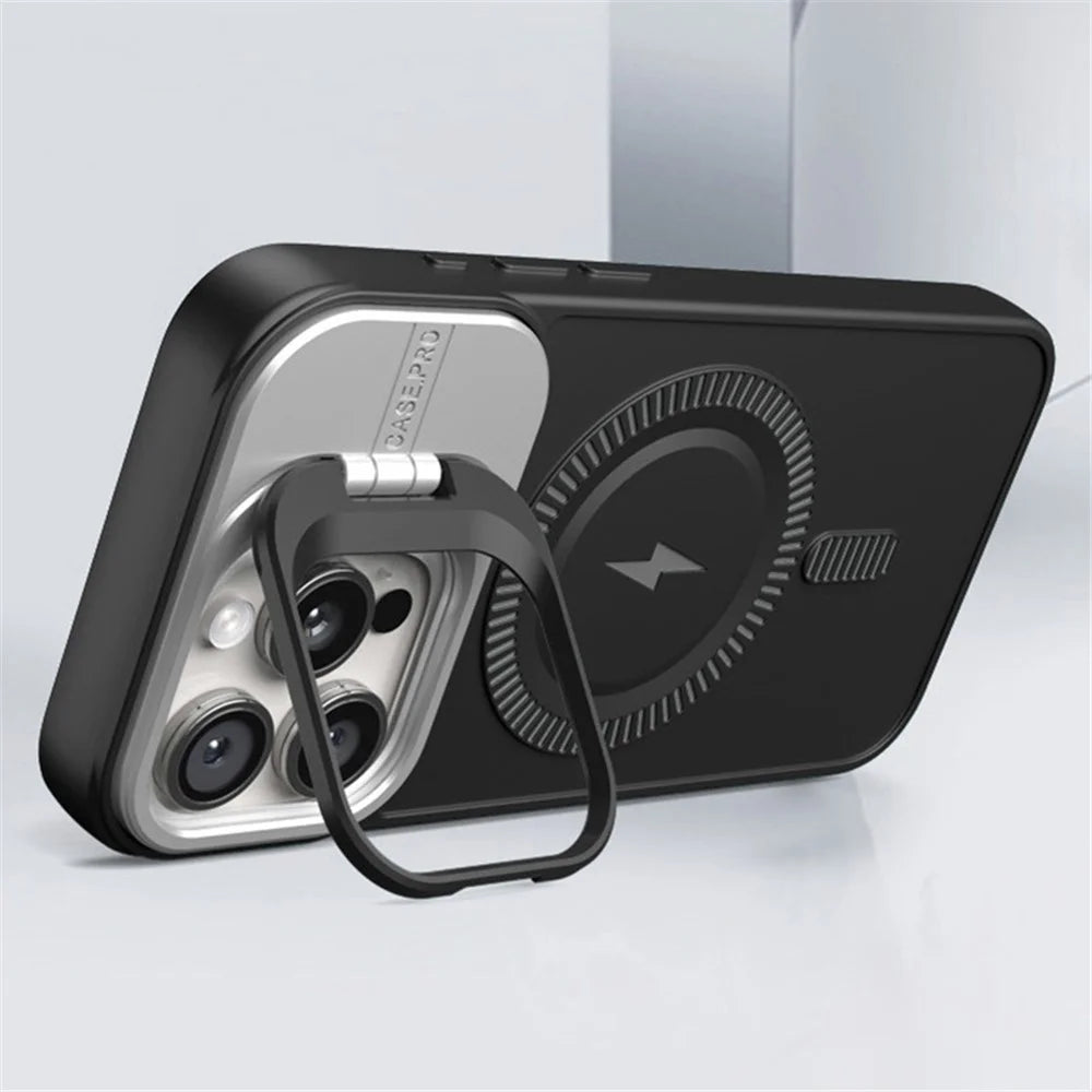 For iPhone 15 Pro Max Magnetic Case Lens Frame Kickstand PC+TPU Phone Cover - Black - 2
