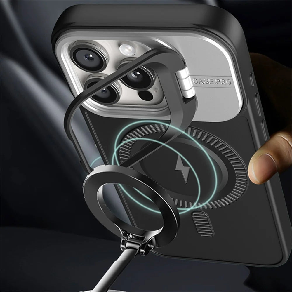 For iPhone 15 Pro Max Magnetic Case Lens Frame Kickstand PC+TPU Phone Cover - Black - 3