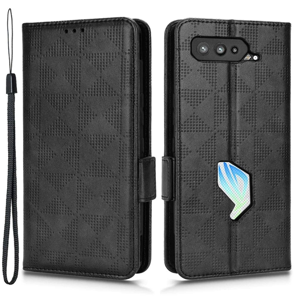 For Asus ROG Phone 5 Full Protection Triangle Pattern Imprinted Stand PU Leather Cover Flip Wallet Case with Strap - Black - 1