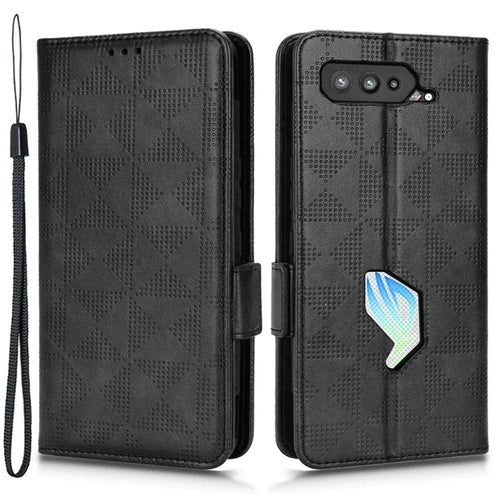 For Asus ROG Phone 5 Full Protection Triangle Pattern Imprinted Stand PU Leather Cover Flip Wallet Case with Strap - Black - 1