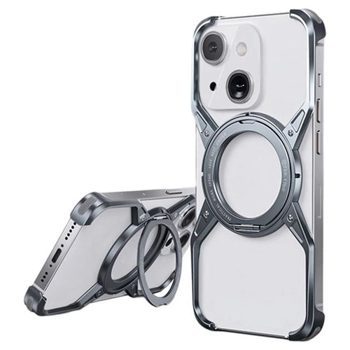 For iPhone 15 / 14 / 13 Bumper Case Frameless Aluminum Alloy Kickstand Phone Cover - Grey - 1