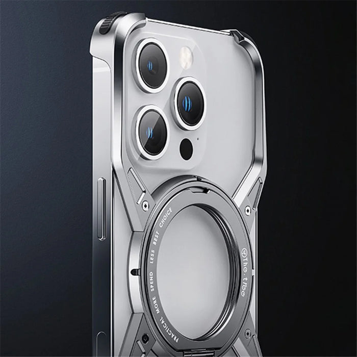 For iPhone 15 / 14 / 13 Bumper Case Frameless Aluminum Alloy Kickstand Phone Cover - Grey - 4