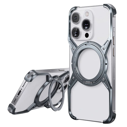 For iPhone 15 Pro Max / 14 Pro Max / 13 Pro Max Case Kickstand Frameless Aluminum Alloy Bumper Phone Cover - Grey - 1