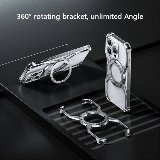 For iPhone 15 Pro Max / 14 Pro Max / 13 Pro Max Case Kickstand Frameless Aluminum Alloy Bumper Phone Cover - Grey - 2