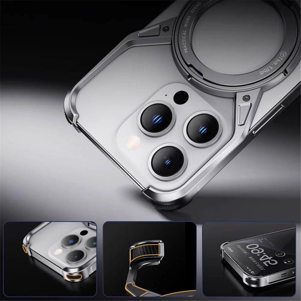 For iPhone 15 Pro Max / 14 Pro Max / 13 Pro Max Case Kickstand Frameless Aluminum Alloy Bumper Phone Cover - Grey - 7
