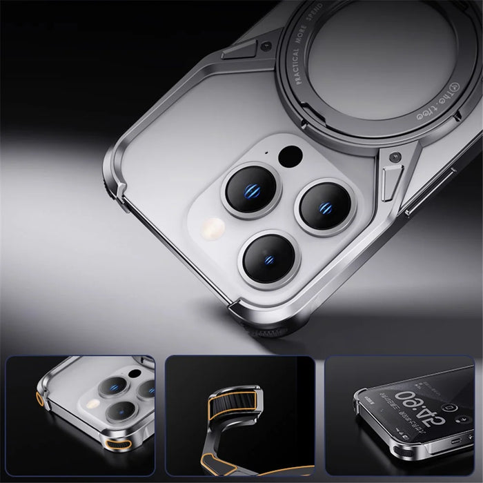 For iPhone 15 Pro Max / 14 Pro Max / 13 Pro Max Case Kickstand Frameless Aluminum Alloy Bumper Phone Cover - Grey - 7