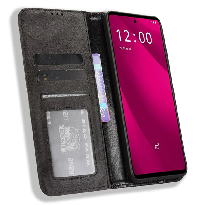 For T-Mobile REVVL 7 Pro / T Phone 2 Pro Case Magnetic Closing Retro Leather Phone Cover - Black - 2