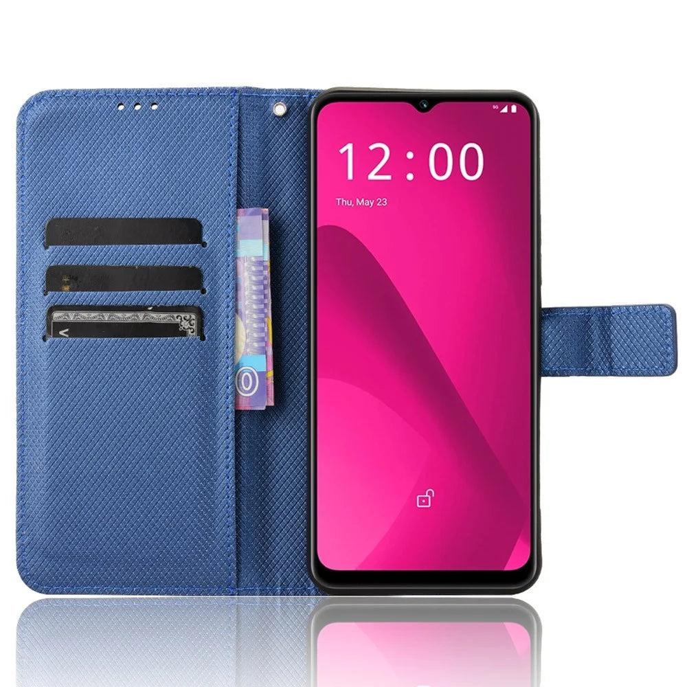 For T-Mobile REVVL 7 / T Phone 2 5G Case Leather Stand Wallet Phone Cover Diamond Texture - Blue - 2