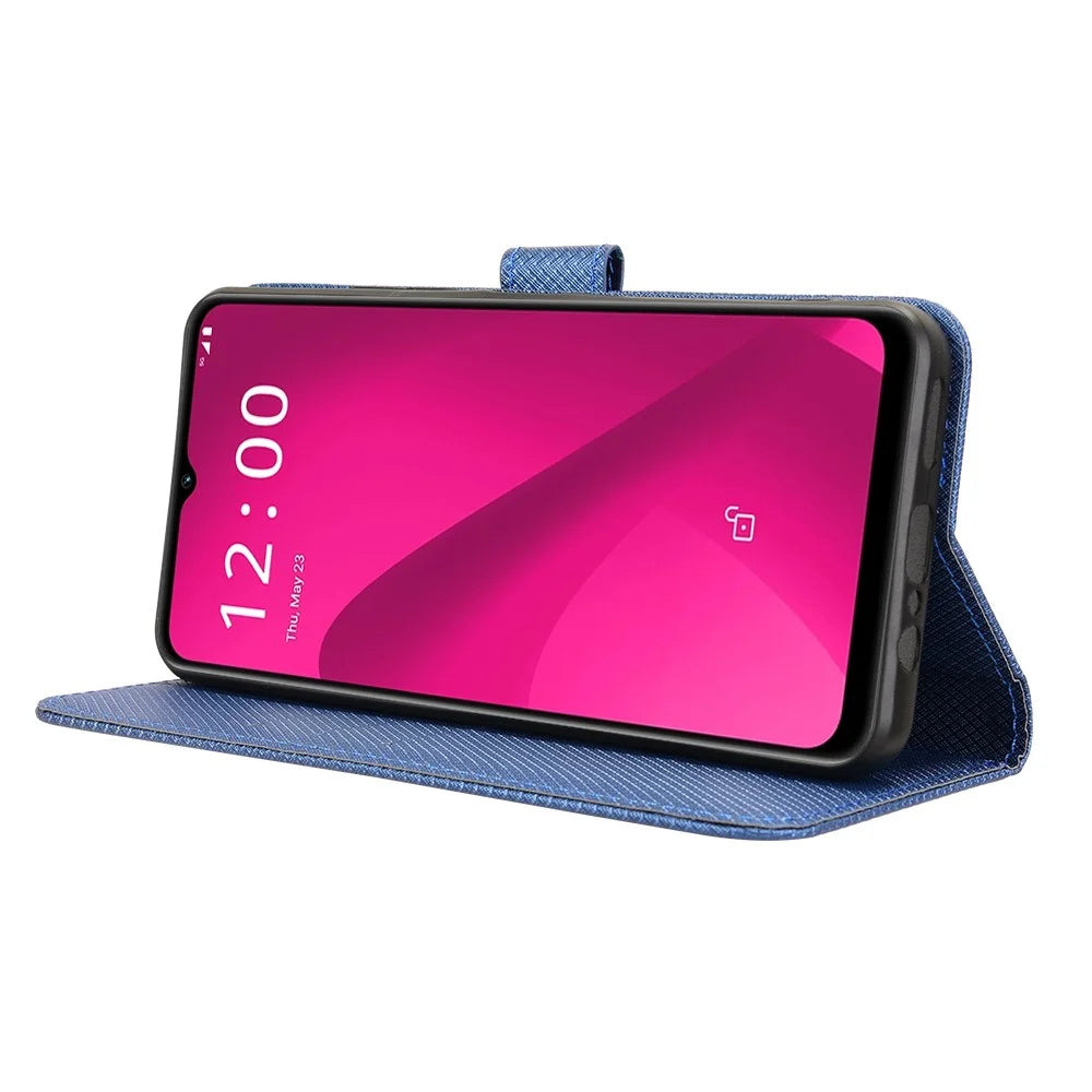 For T-Mobile REVVL 7 / T Phone 2 5G Case Leather Stand Wallet Phone Cover Diamond Texture - Blue - 3