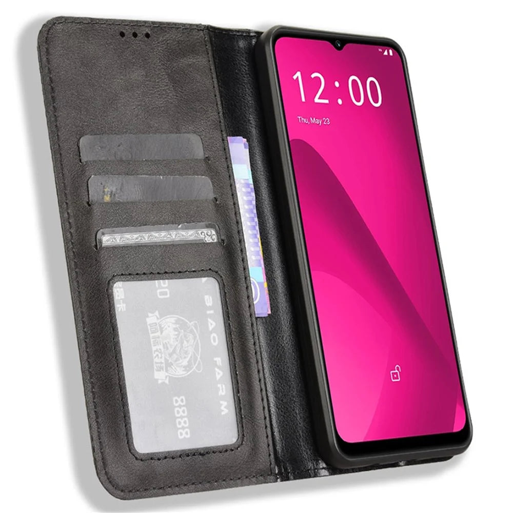 For T-Mobile REVVL 7 / T Phone 2 Case Magnetic Closing Retro Leather Phone Cover - Black - 2