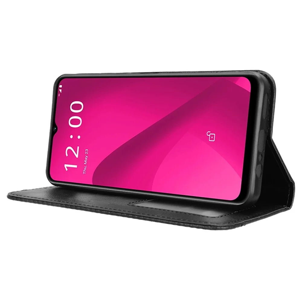 For T-Mobile REVVL 7 / T Phone 2 Case Magnetic Closing Retro Leather Phone Cover - Black - 3