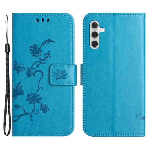 For Samsung Galaxy S24 FE Case Leather Phone Cover Butterfly Flower Pattern - Blue - 1