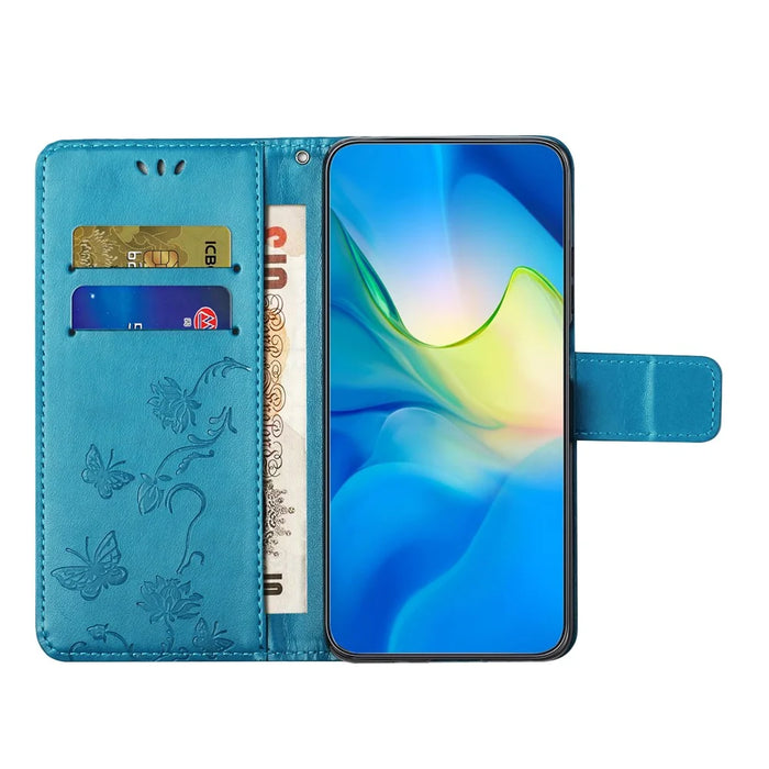 For Samsung Galaxy S24 FE Case Leather Phone Cover Butterfly Flower Pattern - Blue - 3