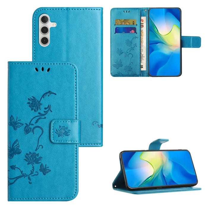 For Samsung Galaxy S24 FE Case Leather Phone Cover Butterfly Flower Pattern - Blue - 4