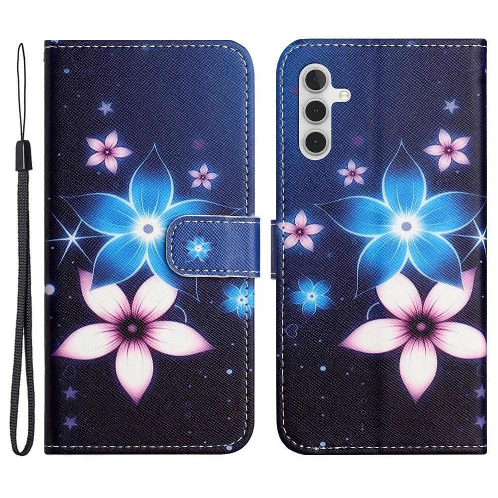 For Samsung Galaxy S24 FE Case Leather Phone Cover Cross Texture Pattern Printing - Blue Flower - 1