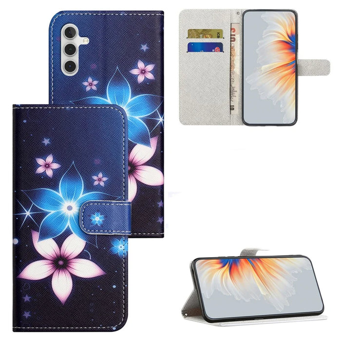 For Samsung Galaxy S24 FE Case Leather Phone Cover Cross Texture Pattern Printing - Blue Flower - 4