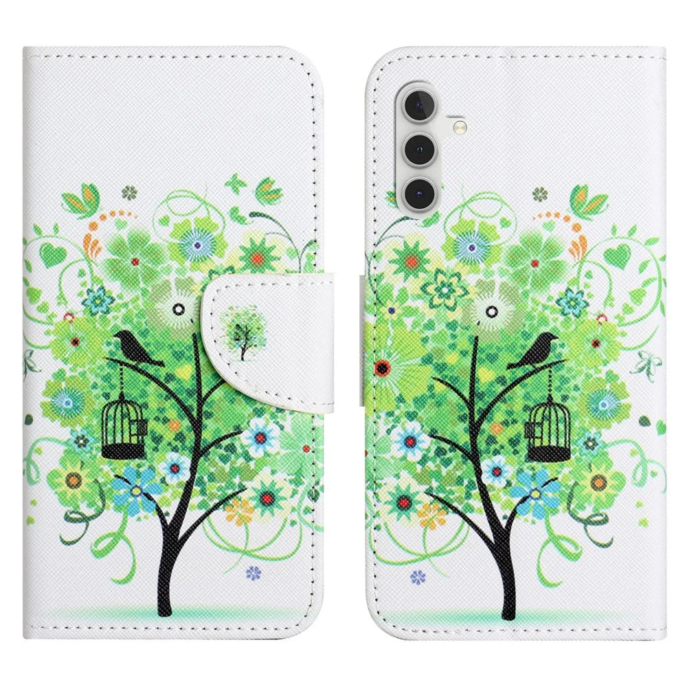For Samsung Galaxy S24 FE Wallet Case Pattern Printing Leather Phone Cover - Green Tree - 1