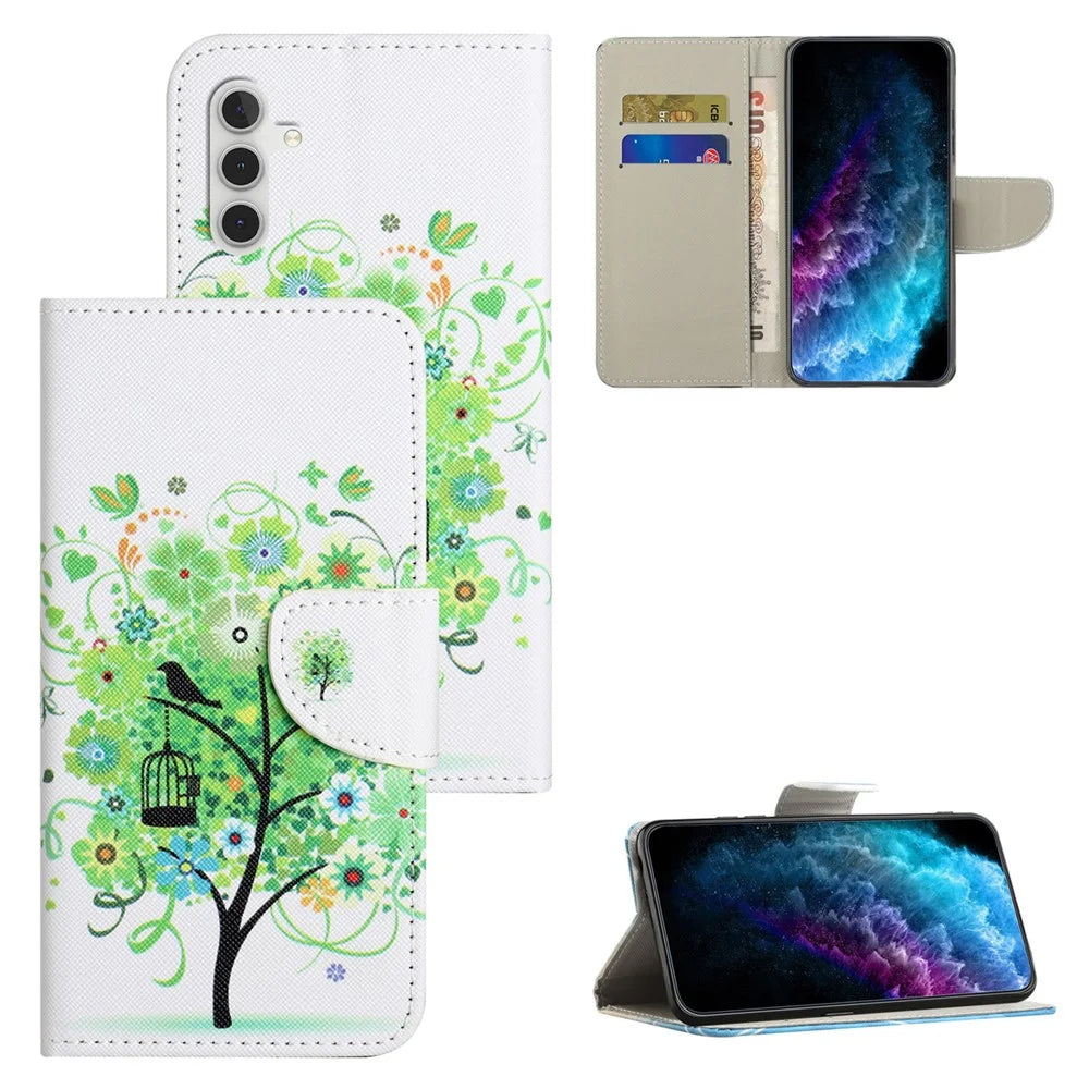 For Samsung Galaxy S24 FE Wallet Case Pattern Printing Leather Phone Cover - Green Tree - 4