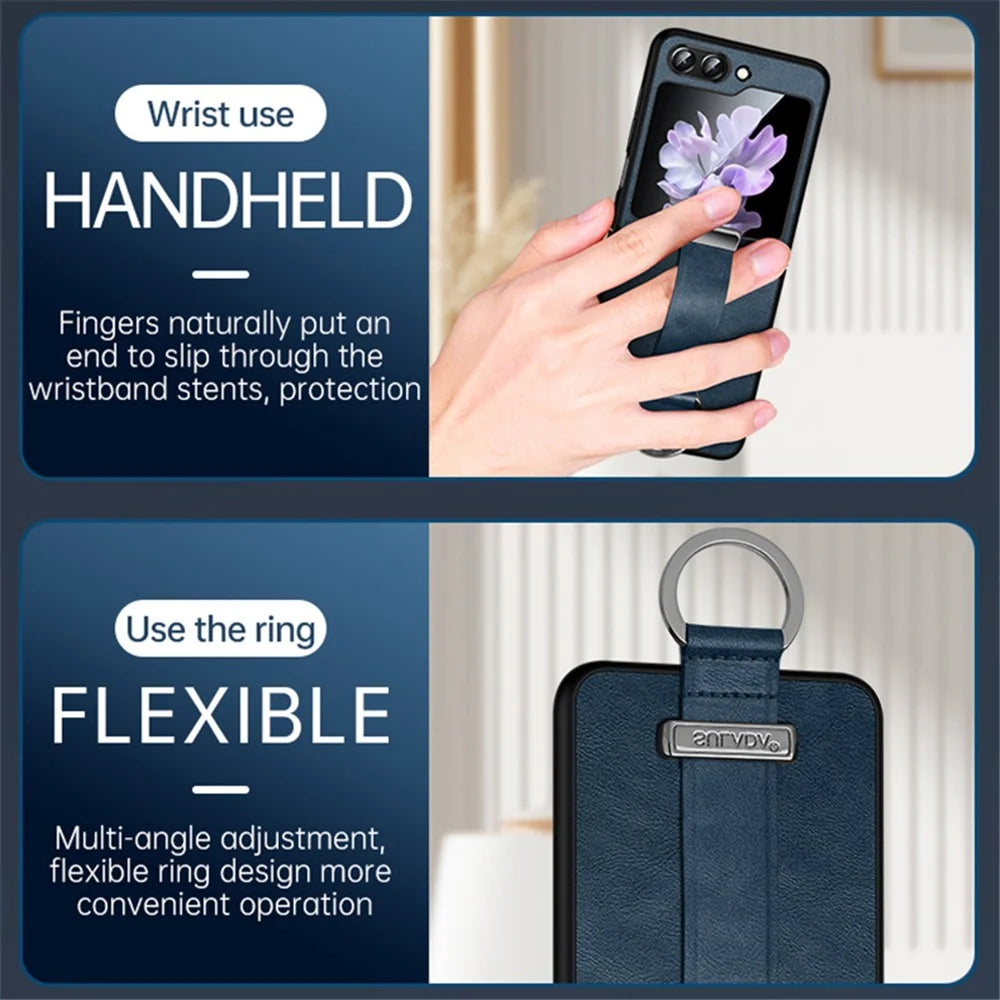 SULADA Fashion Series for Samsung Galaxy Z Flip7 FE 5G / Z Flip6 5G Case Wristband Kickstand Leather+PC Phone Cover - Blue - 6