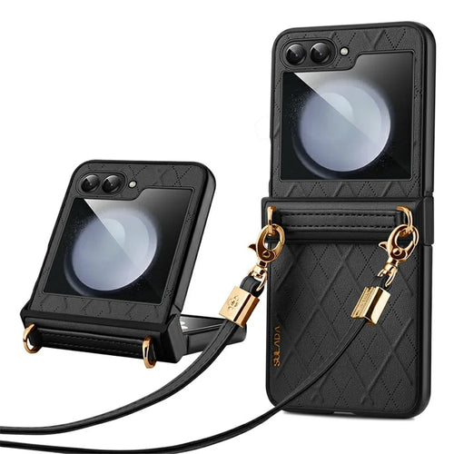 SULADA For Samsung Galaxy Z Flip7 FE 5G / Z Flip6 5G Case Rhombus Leather+PC Phone Cover with Shoulder Strap - Black - 1