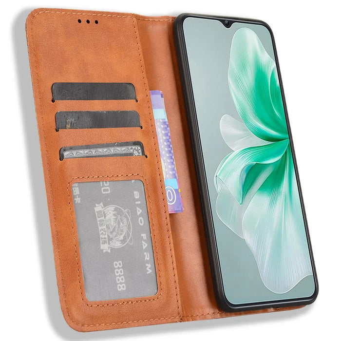 For Oukitel C38 Case Retro Leather Phone Cover Wallet Magnetic Absorption Protection - Brown - 2