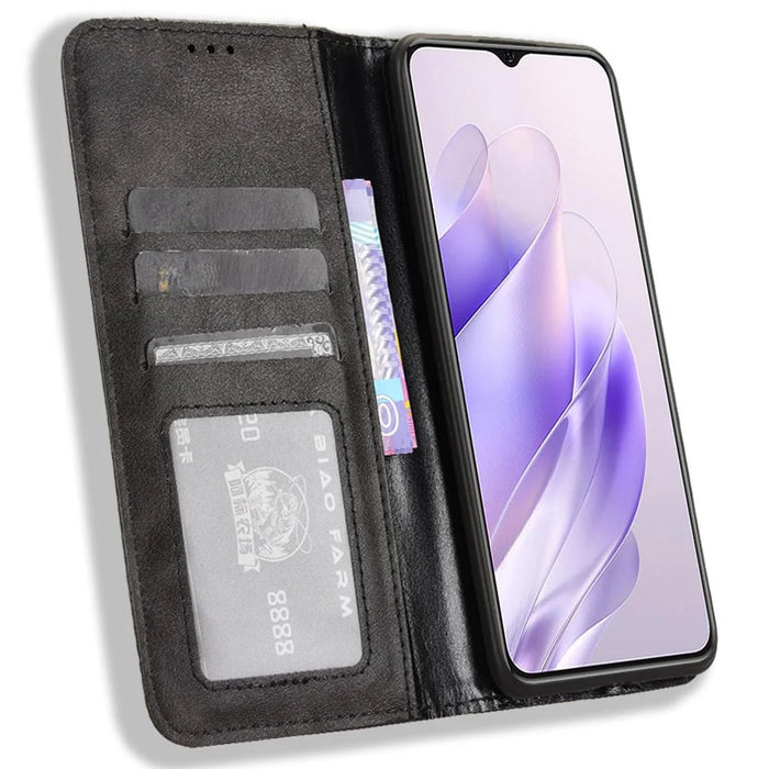 For Oukitel C37 Case Wallet Retro Leather Phone Cover Strong Magnetic Close - Black - 2