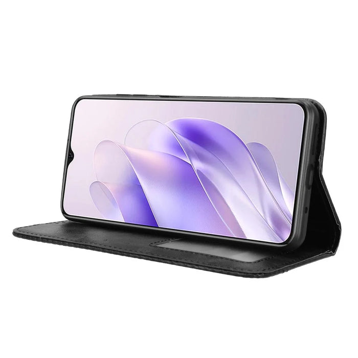 For Oukitel C37 Case Wallet Retro Leather Phone Cover Strong Magnetic Close - Black - 3