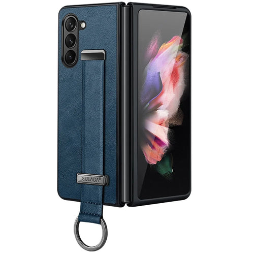 SULADA Fashion Series for Samsung Galaxy Z Fold6 5G Case Strap Kickstand Leather+PC Phone Cover - Blue - 1