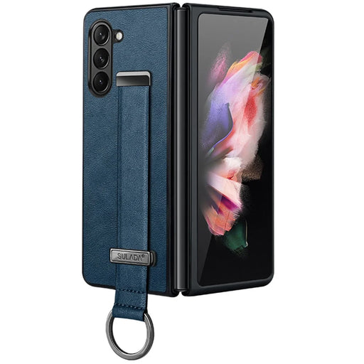 SULADA Fashion Series for Samsung Galaxy Z Fold6 5G Case Strap Kickstand Leather+PC Phone Cover - Blue - 1