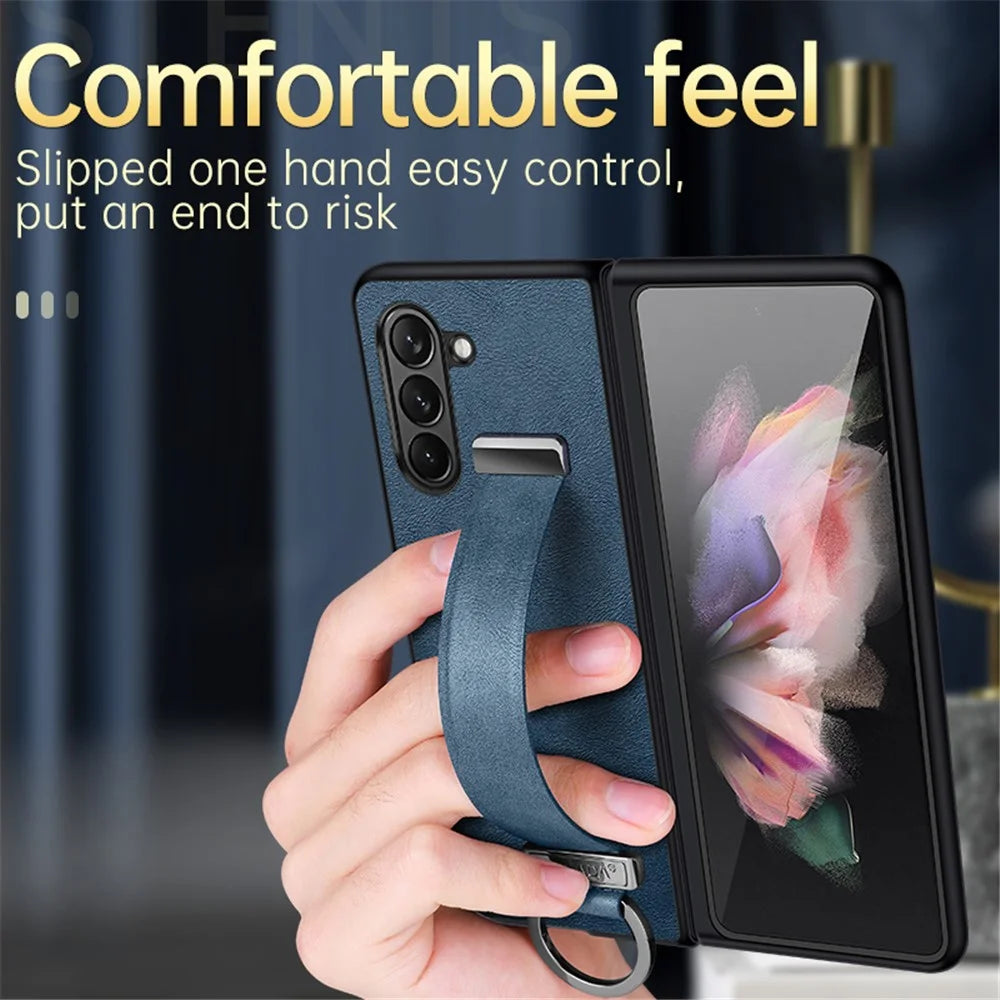 SULADA Fashion Series for Samsung Galaxy Z Fold6 5G Case Strap Kickstand Leather+PC Phone Cover - Blue - 3
