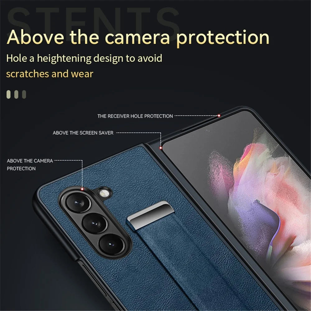 SULADA Fashion Series for Samsung Galaxy Z Fold6 5G Case Strap Kickstand Leather+PC Phone Cover - Blue - 5
