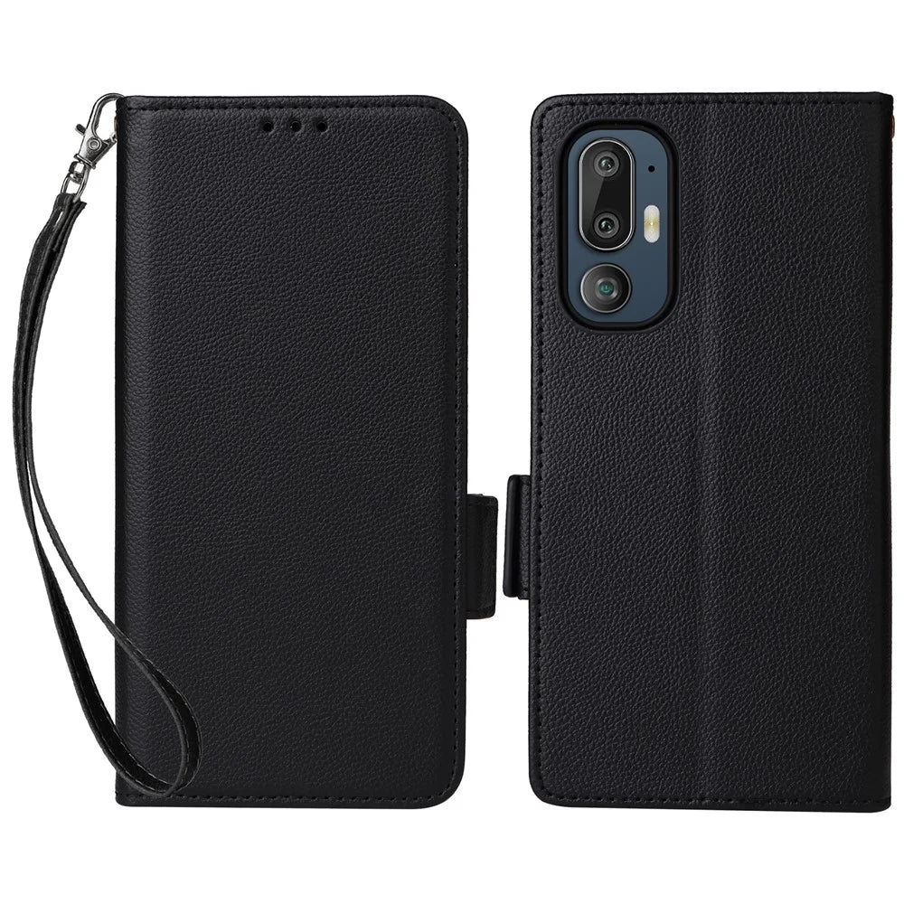 For HTC U24 Pro 5G Case with Wrist Strap Litchi Texture PU Leather Wallet Phone Cover - Black - 1