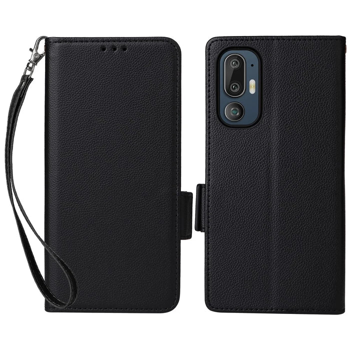 For HTC U24 Pro 5G Case with Wrist Strap Litchi Texture PU Leather Wallet Phone Cover - Black - 1
