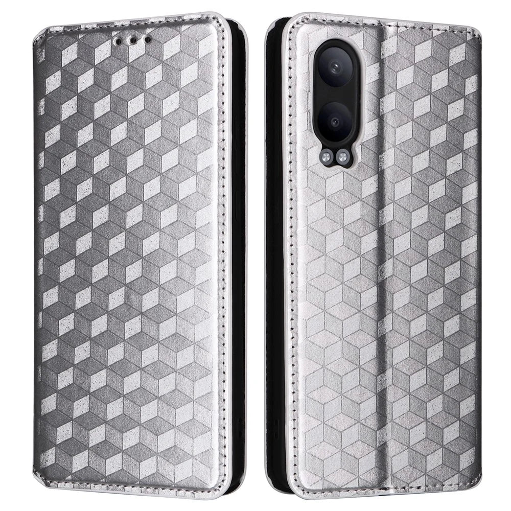 For OnePlus Nord CE4 Lite 5G / Oppo K12x 5G (China) Case Leather Phone Cover Rhombus Pattern Strong Magnetic - Silver - 1