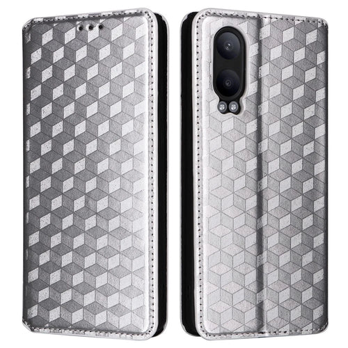 For OnePlus Nord CE4 Lite 5G / Oppo K12x 5G (China) Case Leather Phone Cover Rhombus Pattern Strong Magnetic - Silver - 1