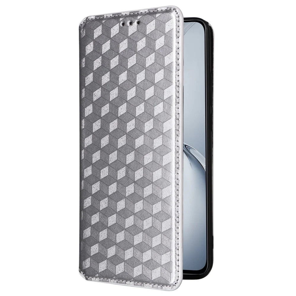 For OnePlus Nord CE4 Lite 5G / Oppo K12x 5G (China) Case Leather Phone Cover Rhombus Pattern Strong Magnetic - Silver - 5