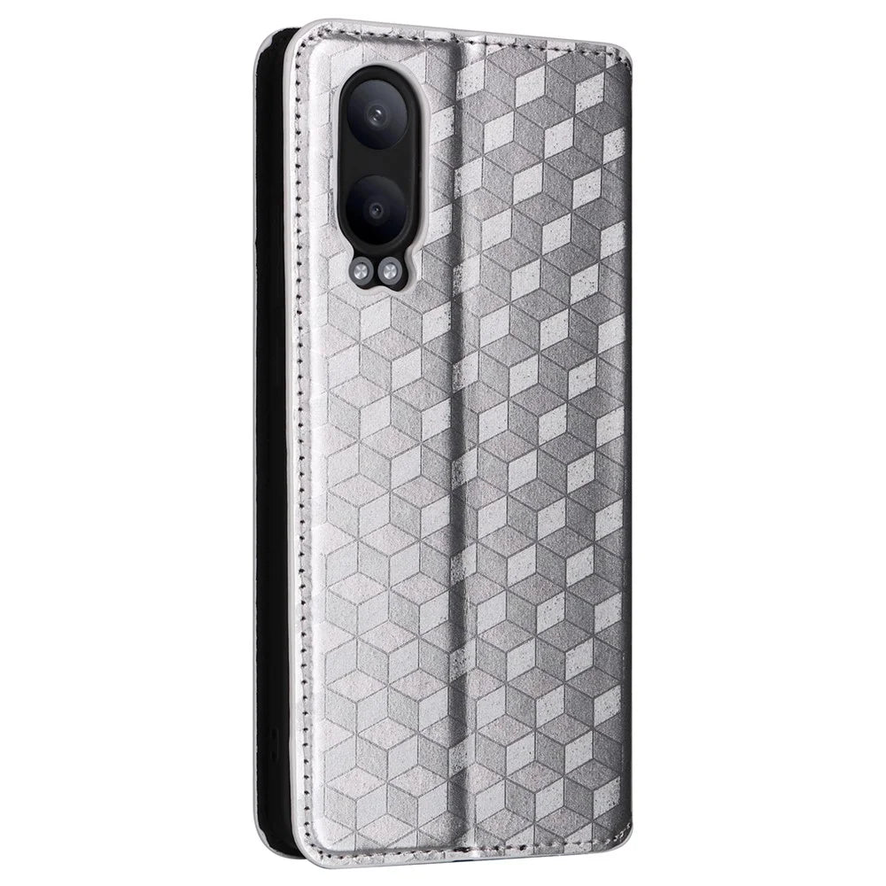 For OnePlus Nord CE4 Lite 5G / Oppo K12x 5G (China) Case Leather Phone Cover Rhombus Pattern Strong Magnetic - Silver - 6