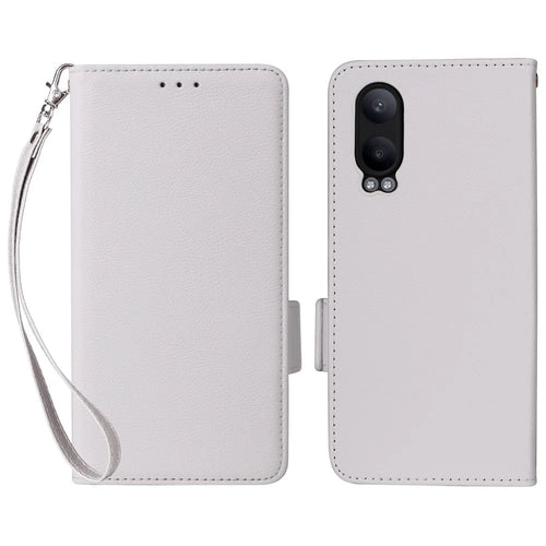 For OnePlus Nord CE4 Lite 5G / Oppo K12x 5G (China) Case with Wrist Strap Litchi Texture PU Leather Wallet Phone Cover - White - 1