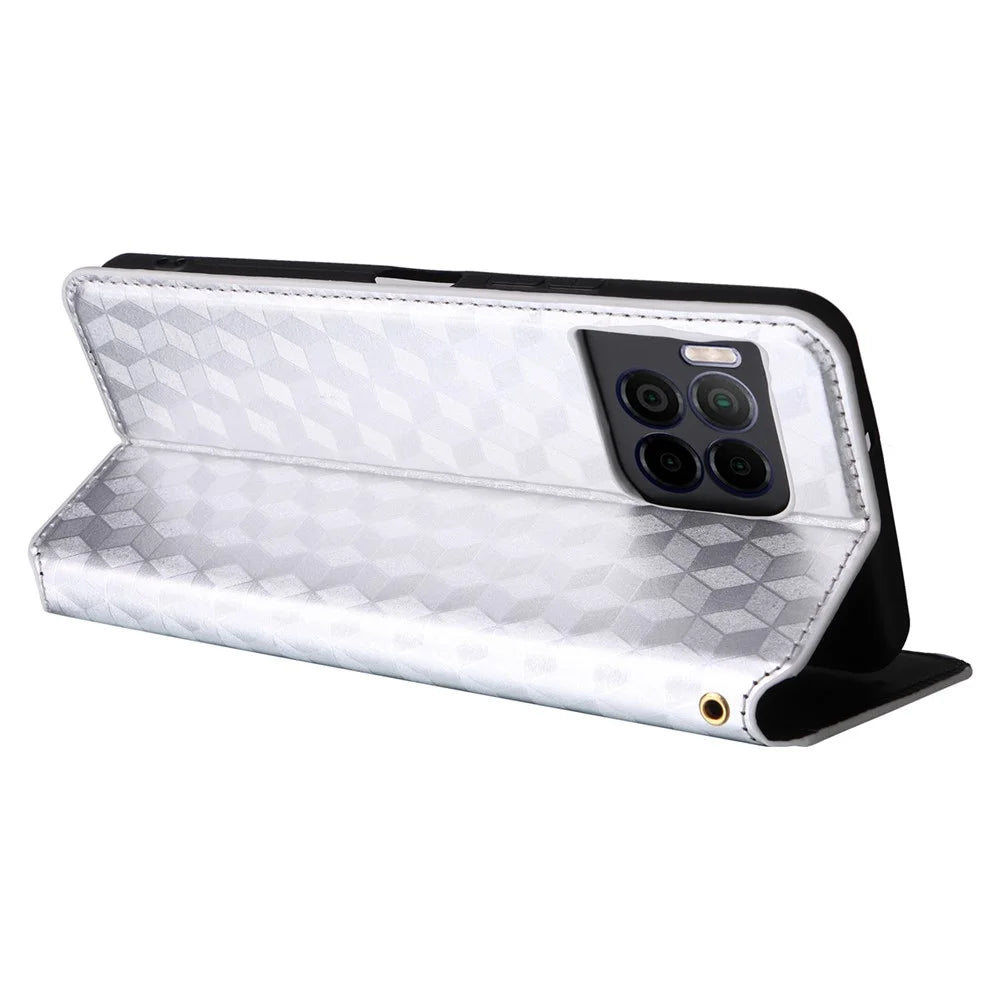 For T-Mobile REVVL 7 Pro / T Phone 2 Pro 5G Case 3D Rhombus PU Leather Phone Cover - Silver - 4