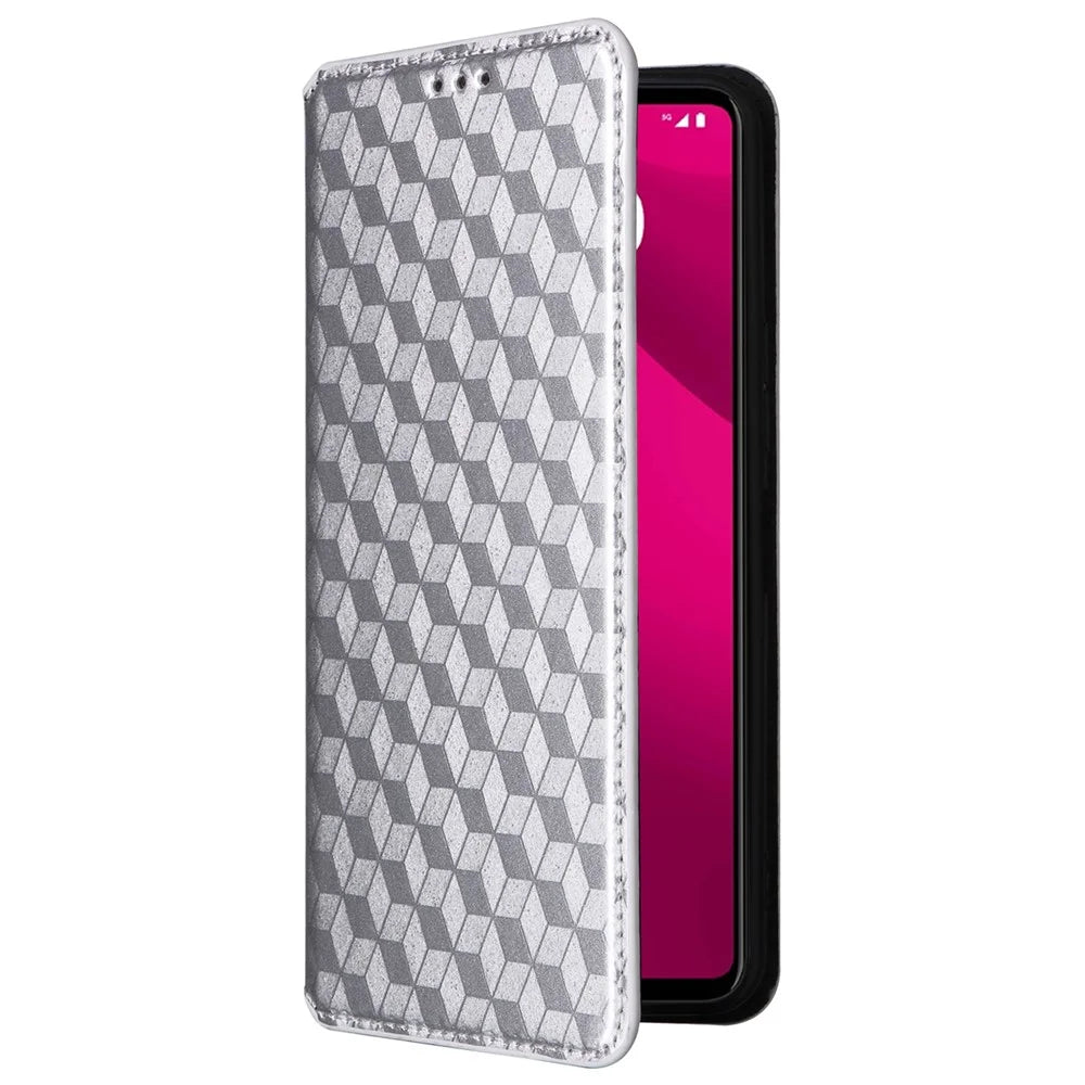 For T-Mobile REVVL 7 Pro / T Phone 2 Pro 5G Case 3D Rhombus PU Leather Phone Cover - Silver - 5