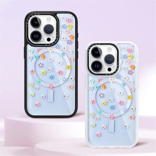 JAUCASE For iPhone 15 Pro Max Rhinestone Decor Flower PC+TPU Cell Phone Cover Compatible with MagSafe - Colorful Flower+White - 2