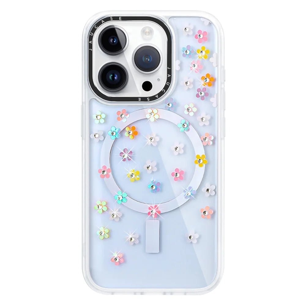 JAUCASE For iPhone 14 Pro Max Case Rhinestone Flower Pattern Phone Cover Compatible with MagSafe - Colorful Flower+White - 1