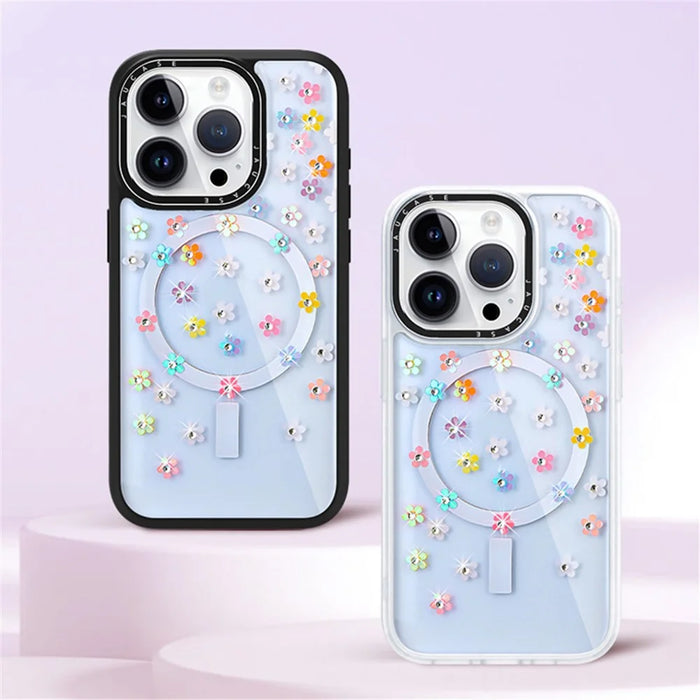 JAUCASE For iPhone 14 Pro Max Case Rhinestone Flower Pattern Phone Cover Compatible with MagSafe - Colorful Flower+White - 2